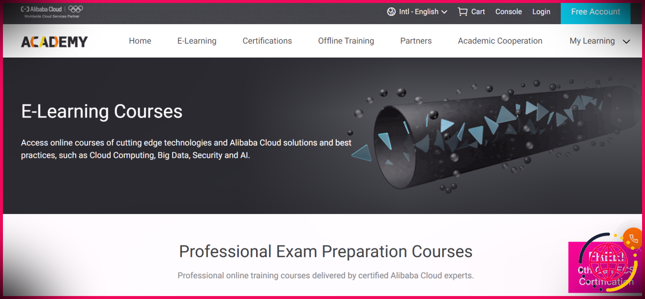 Capture d'écran de la page d'accueil des cours de technologie en ligne gratuits d'Alibaba