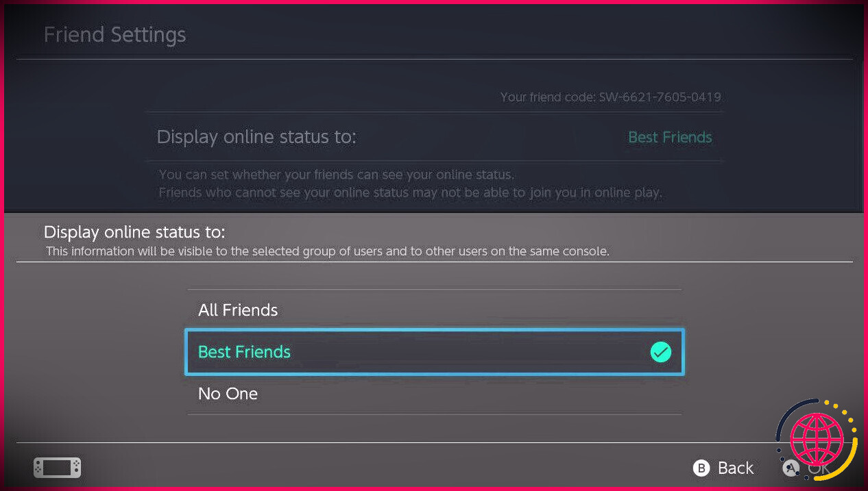 Capture d'écran de la sélection de qui peut voir votre statut Switch Online