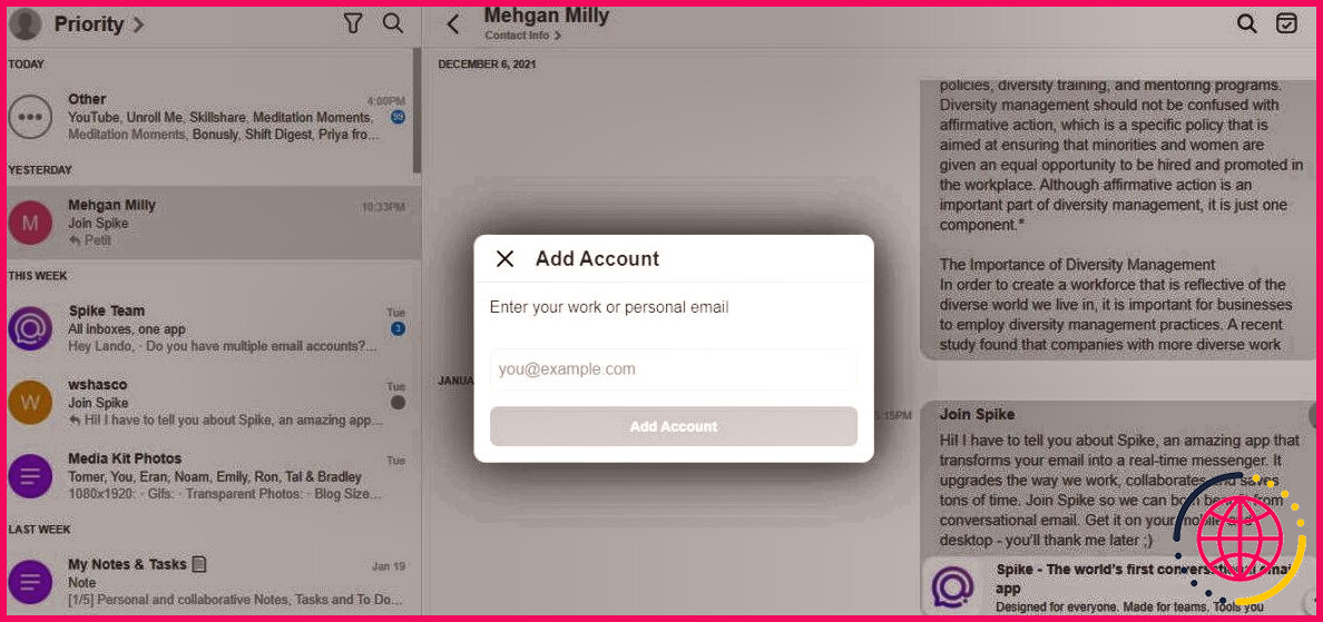 Capture d'écran de l'application de bureau de Spike montrant la page Ajouter un compte
