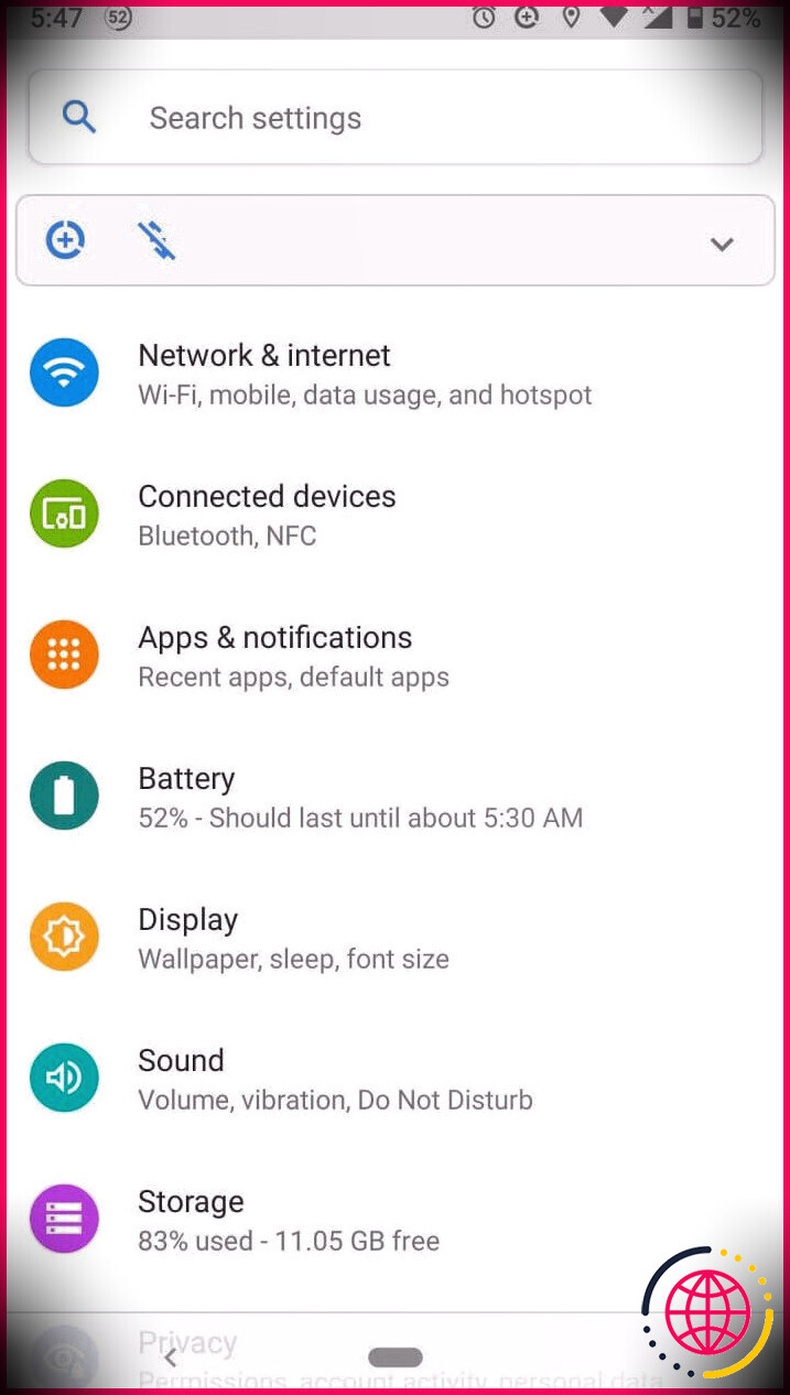 capture d'écran du menu principal Android