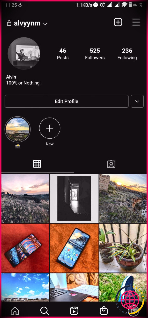 Capture d'écran du profil du compte Instagram