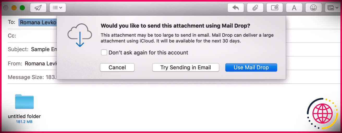 Envoi de fichiers volumineux depuis Mac à l'aide de la fonction Mail Drop.
