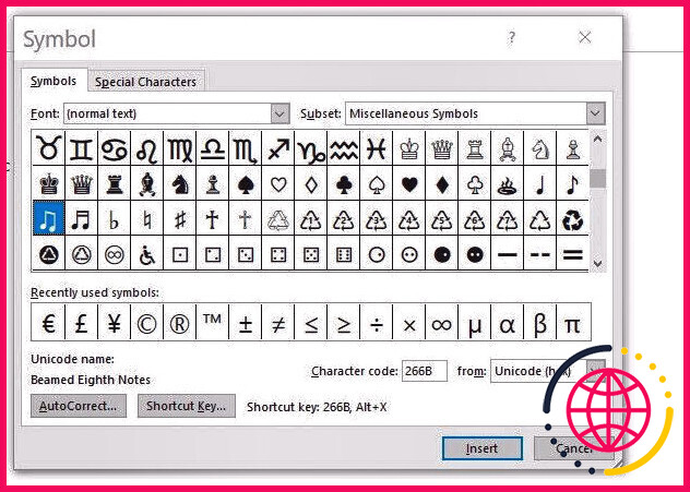 Fenêtre Symboles avec symboles divers et options d'insertion 