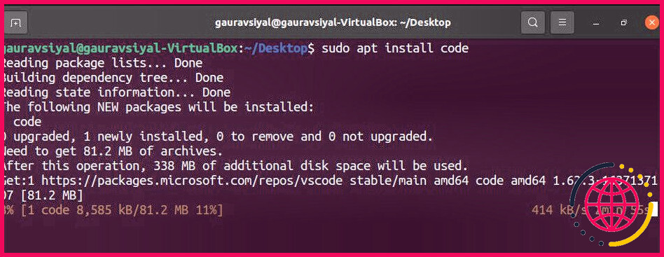 Installer Visual Studio Code à l'aide de la fenêtre du terminal
