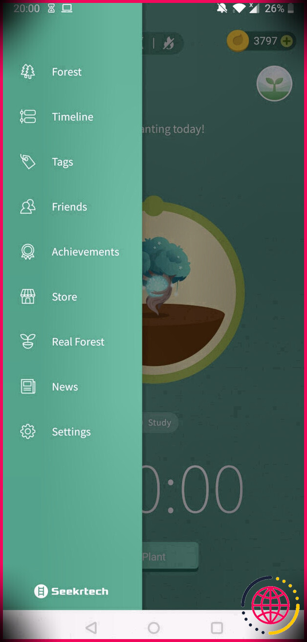 Le menu sur Forest pour Android