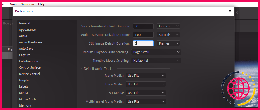 L'option de durée par défaut des images fixes dans Premiere Pro