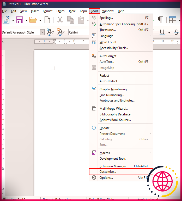 Menu de personnalisation de LibreOffice en surbrillance