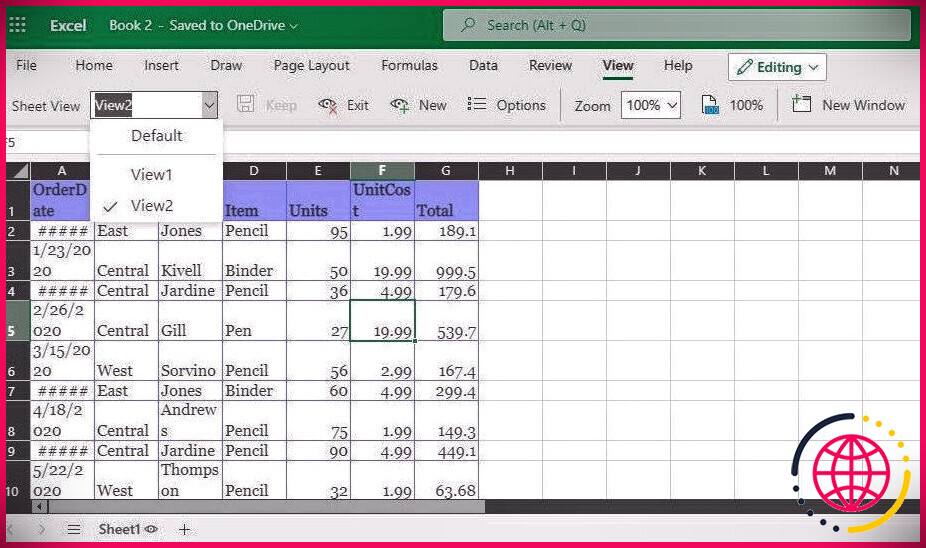 Menu déroulant de la vue de la section Sheetview 2 de la feuille de calcul Excel