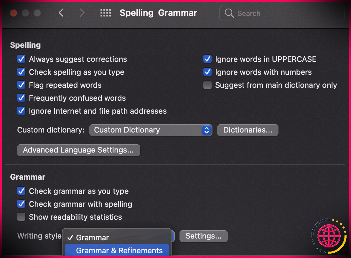 Options de grammaire et de raffinement sur MS Word pour Mac
