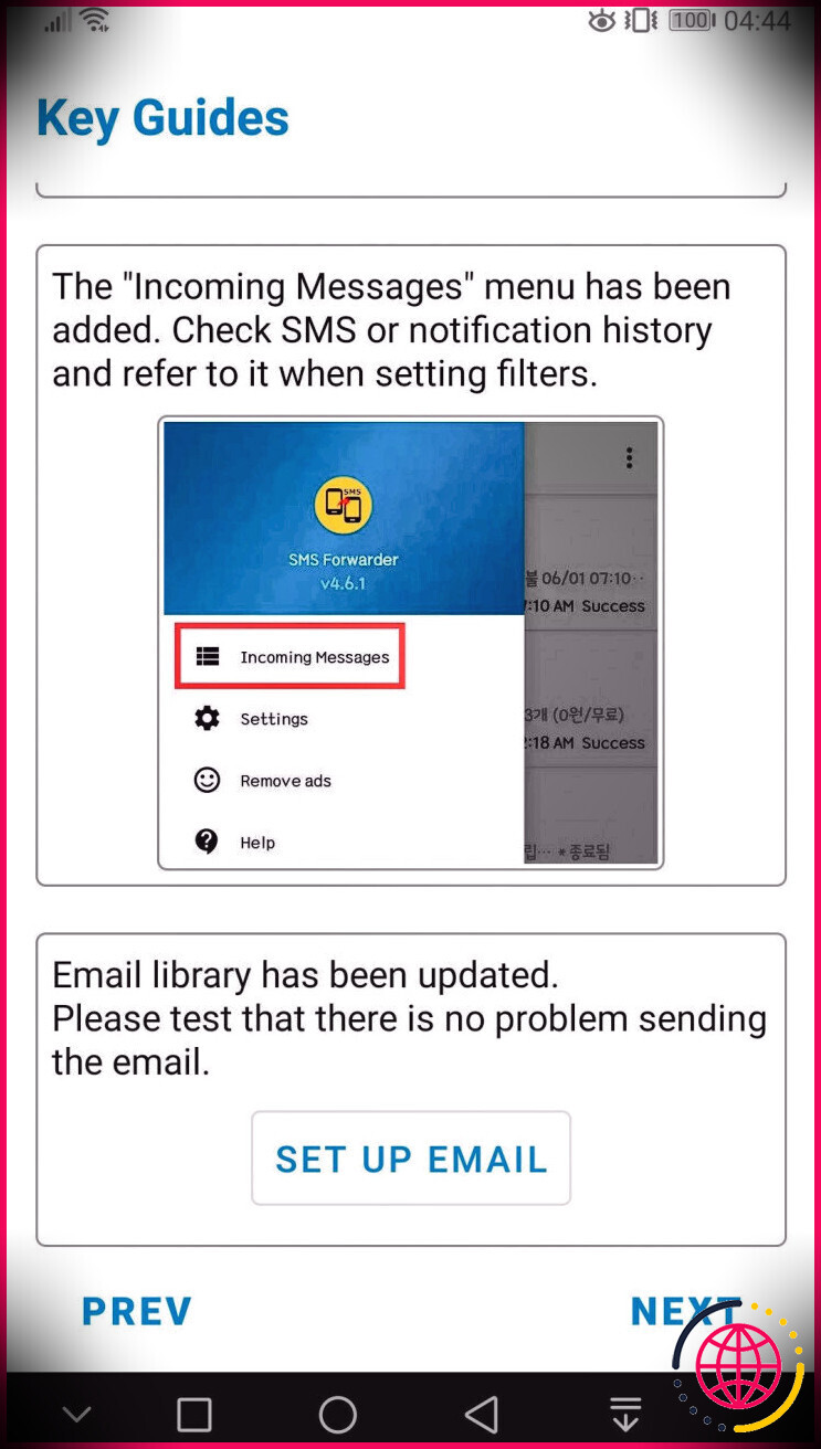 Page SMS Forwarder pour la configuration du courrier électronique