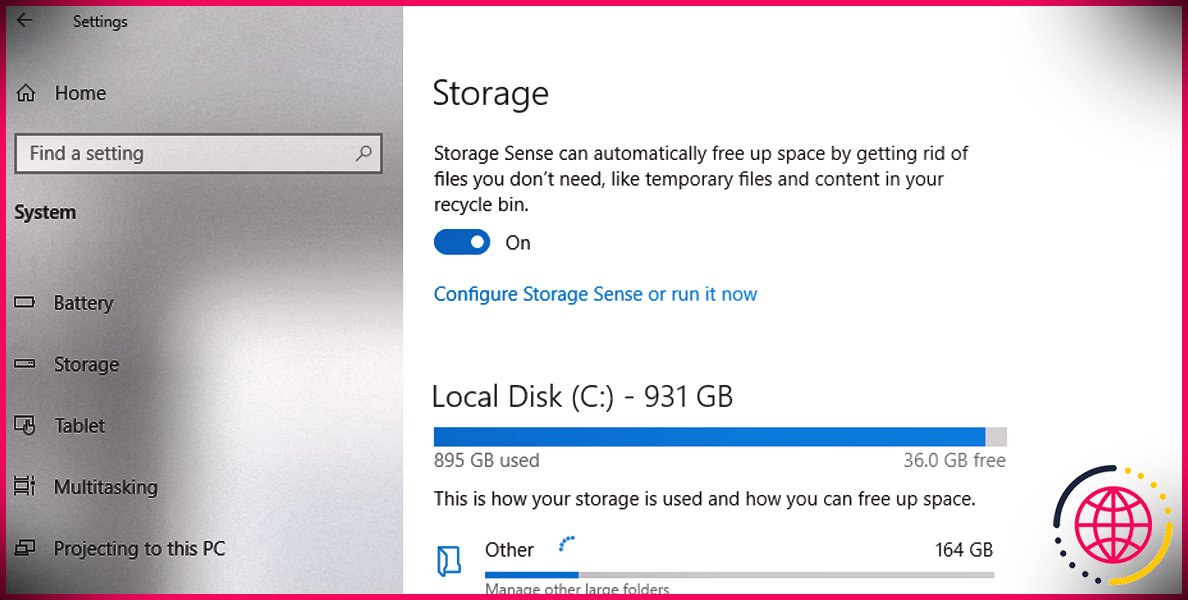 Paramètres de stockage dans Windows 10