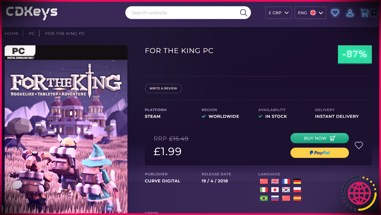 Pour le jeu vidéo King sur le site CDKeys