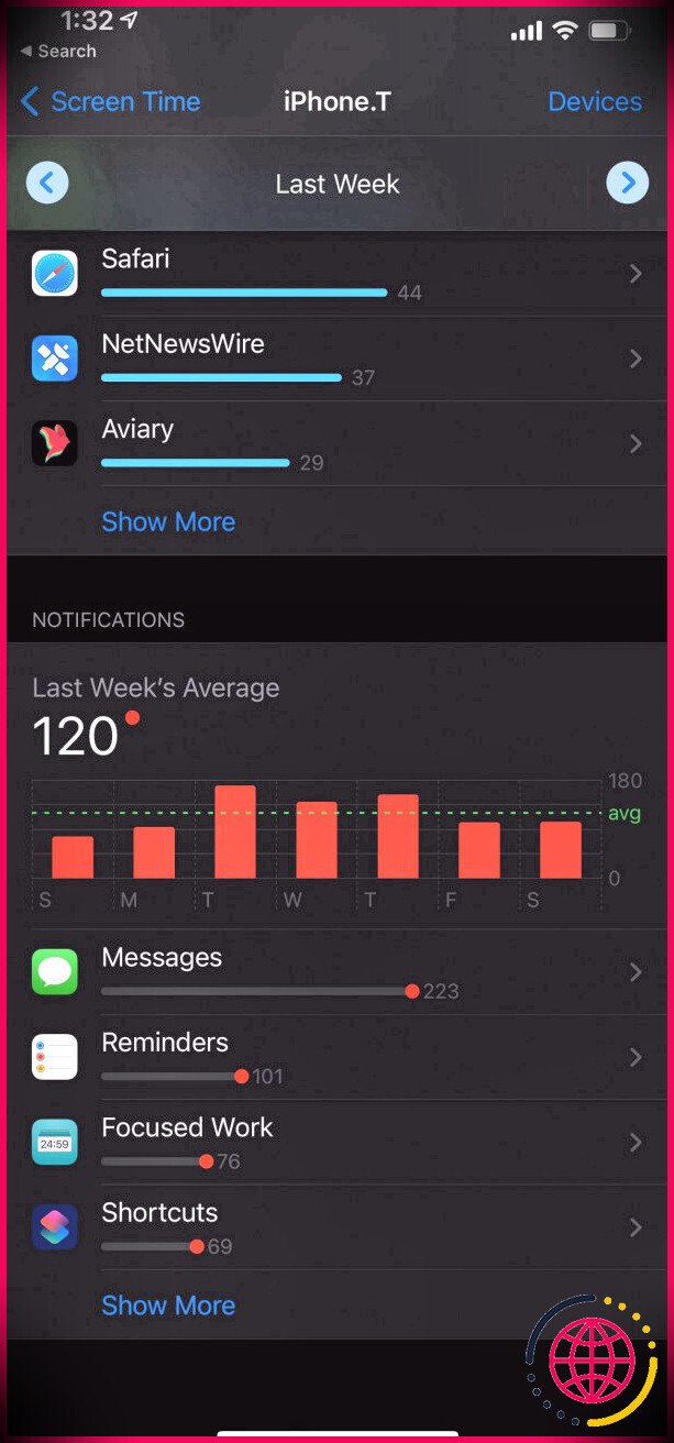Section Notifications dans Screen Time sur iOS