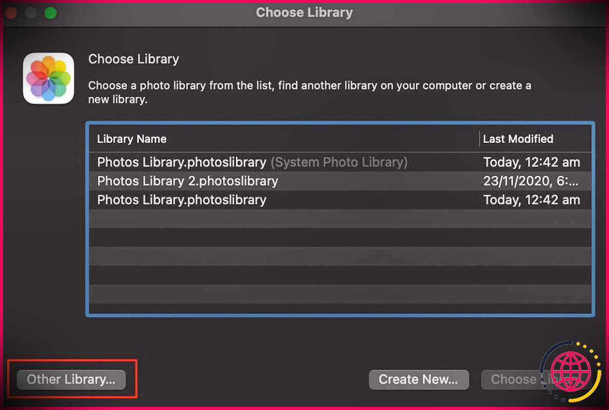 Sélectionnez Autre bibliothèque dans l'application Photos
