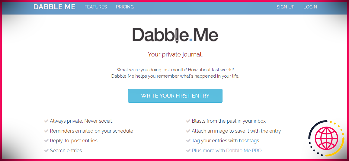 Une capture d'écran de la page de destination de Dabble Me