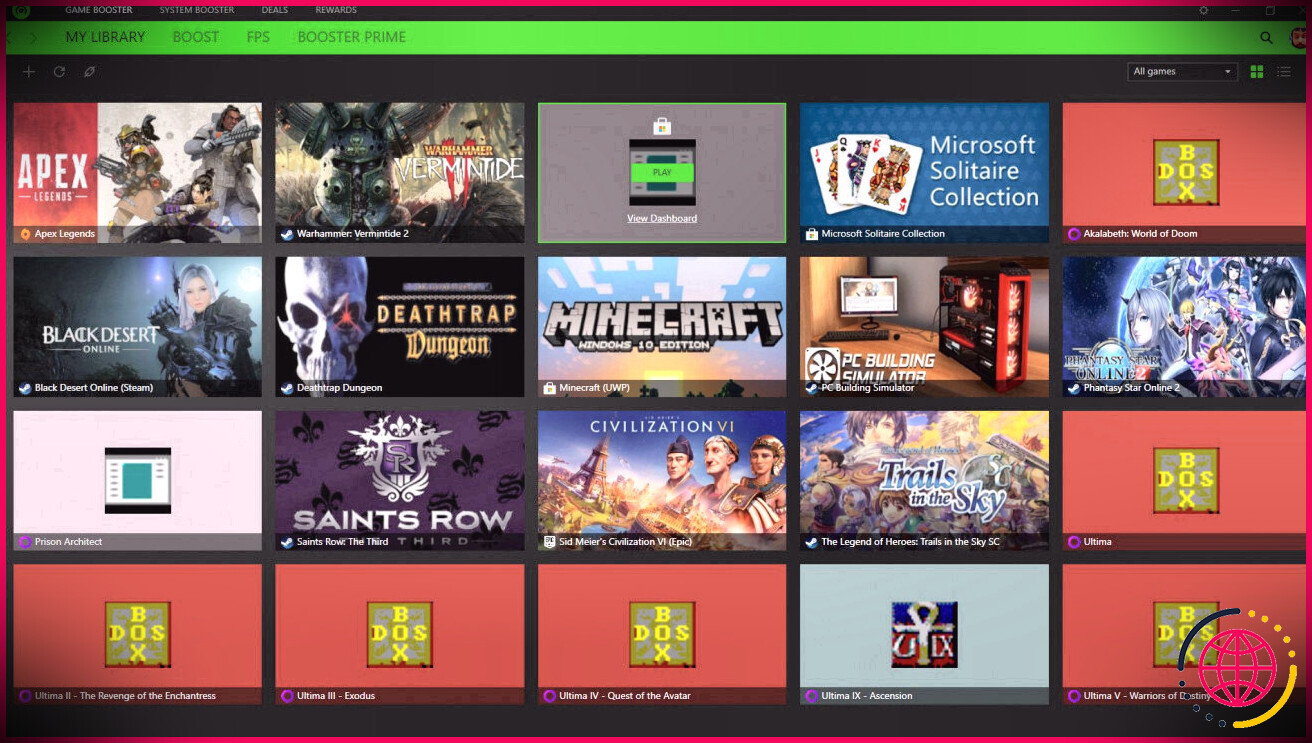 Capture d'écran de la bibliothèque de jeux Razer Cortex