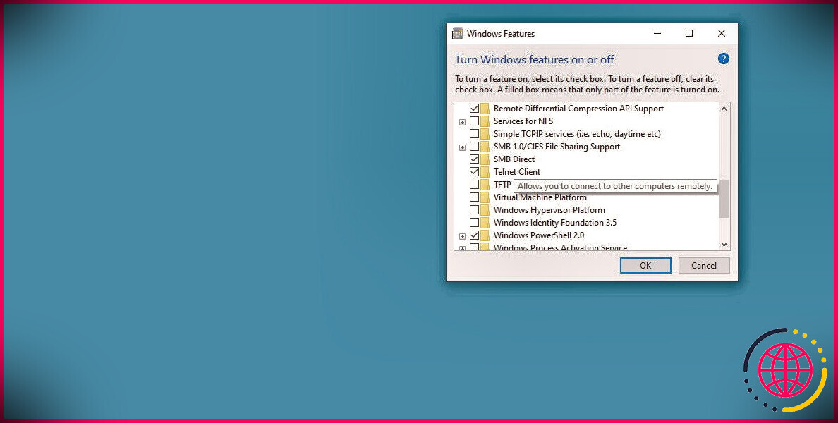 capture d'écran de l'activation du client telnet windows 10