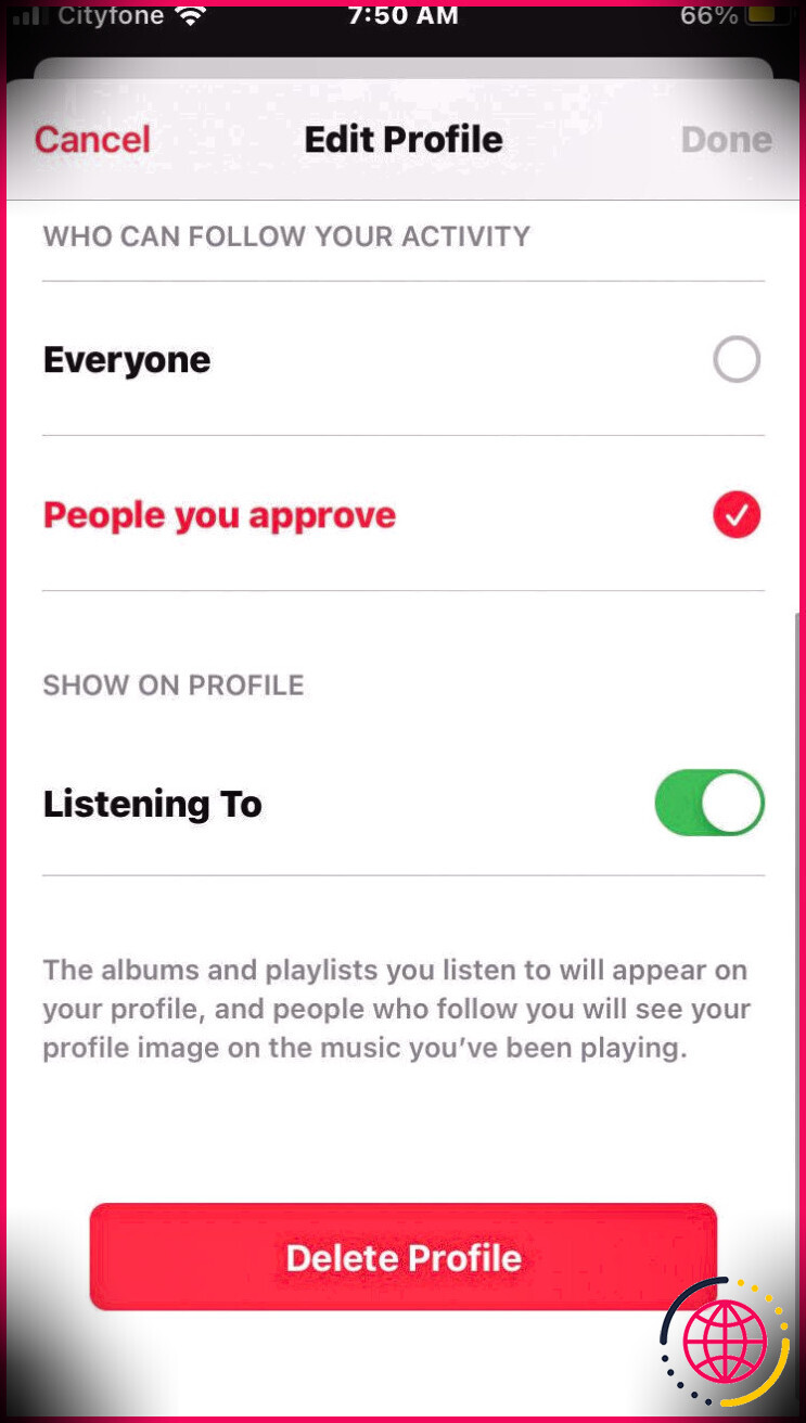 Capture d'écran des options de profil Apple Music