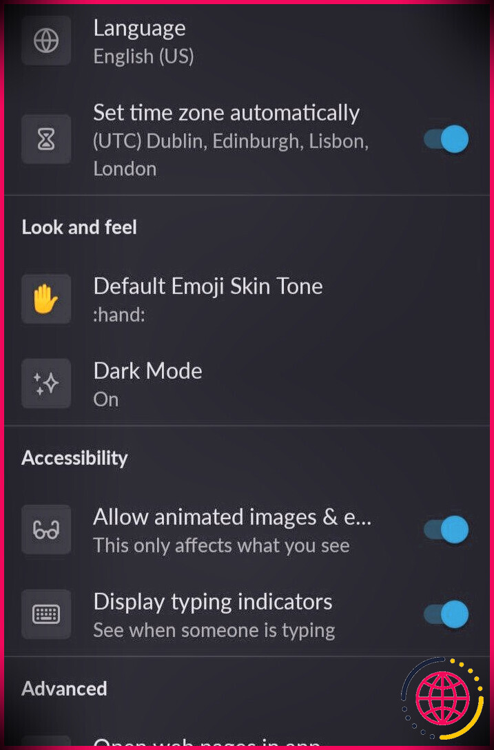 capture d'écran des préférences de l'application Slack