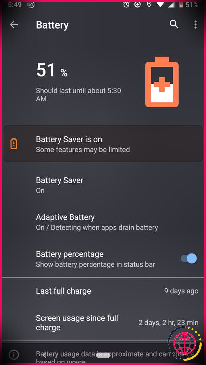 capture d'écran du menu de la batterie Android
