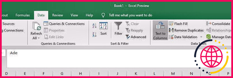 Données de ruban Excel et option de texte en colonnes