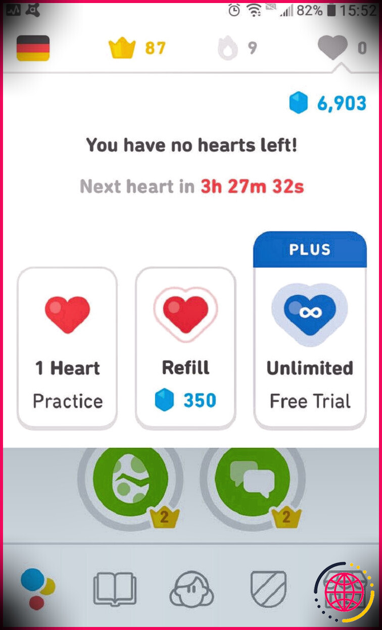 Duolingo propose plusieurs façons de remplir les cœurs