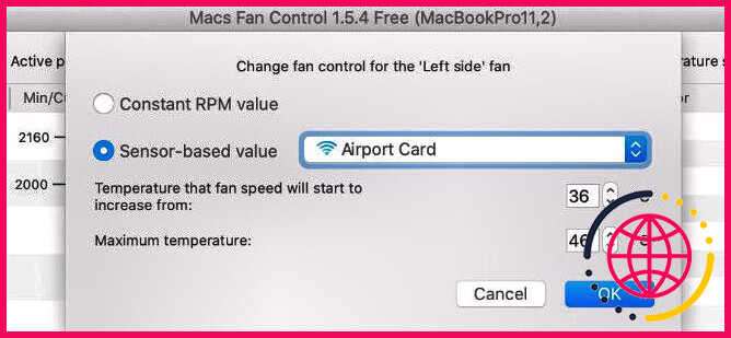 Fenêtre des paramètres Macs Fan Control avec plage de température