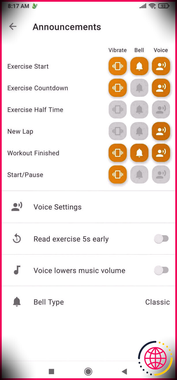La minuterie d'exercice offre de nombreuses options pour émettre des alertes sonores pendant que vous faites de l'exercice