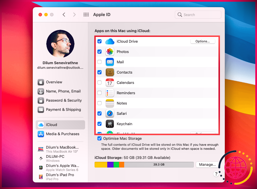 L'écran d'identification Apple du Mac affichant les services iCloud.