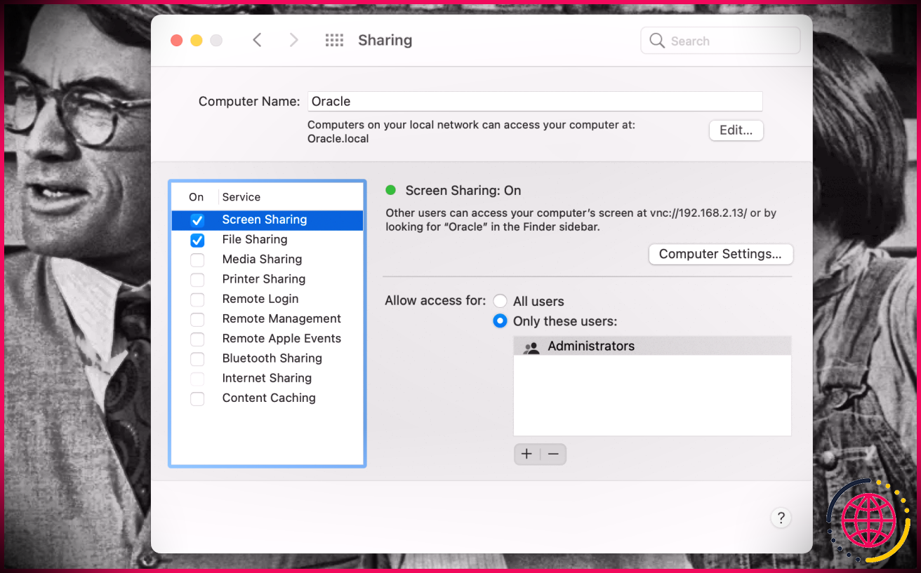 Les paramètres de partage d'écran s'ouvrent dans les Préférences Système sur un MacBook Pro