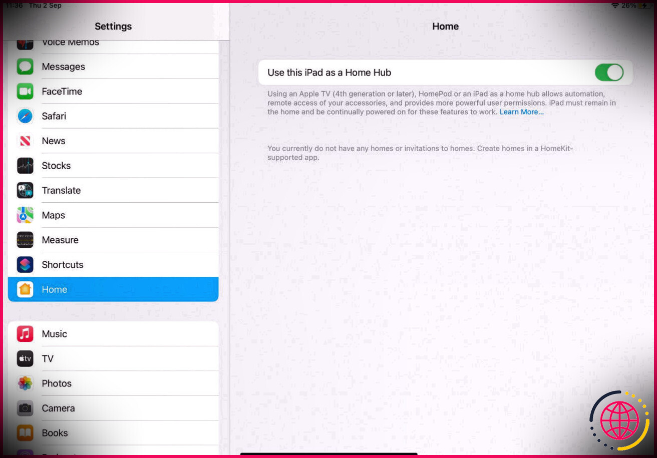 Option iPad Home Hub dans les paramètres