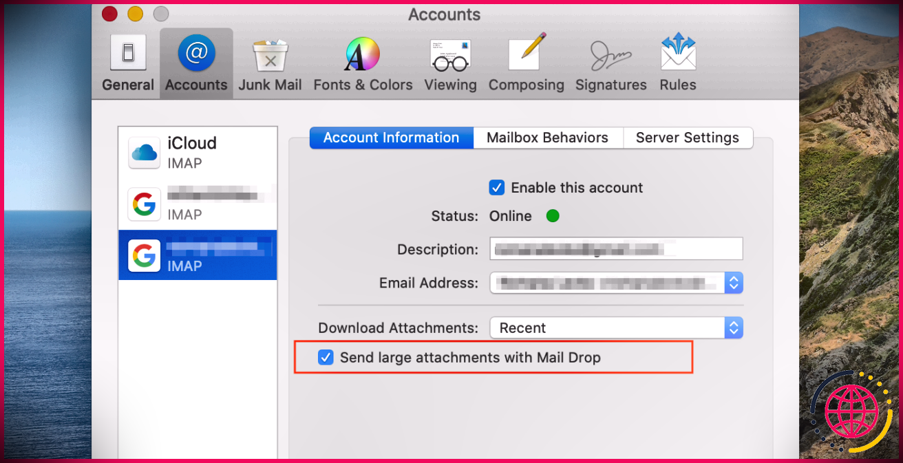 Option pour activer Mail Drop pour les fichiers volumineux sur Mac.