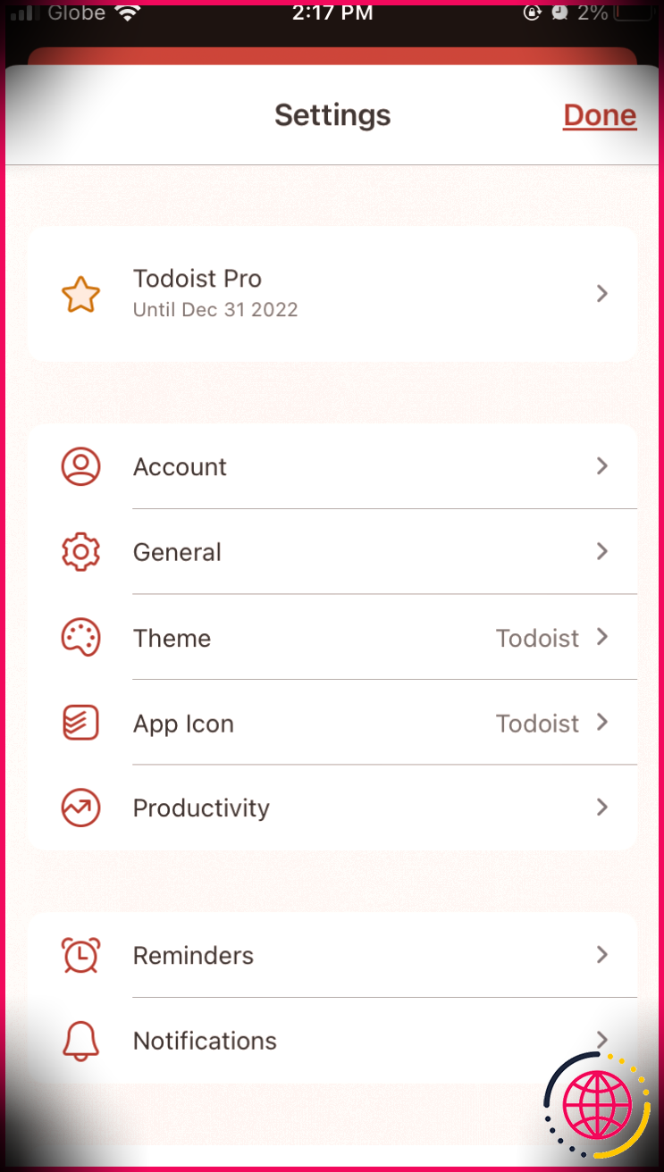 Page des paramètres de l'application mobile de Todoist