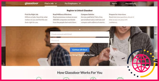 Page principale de recherche d'emploi de Glassdoor