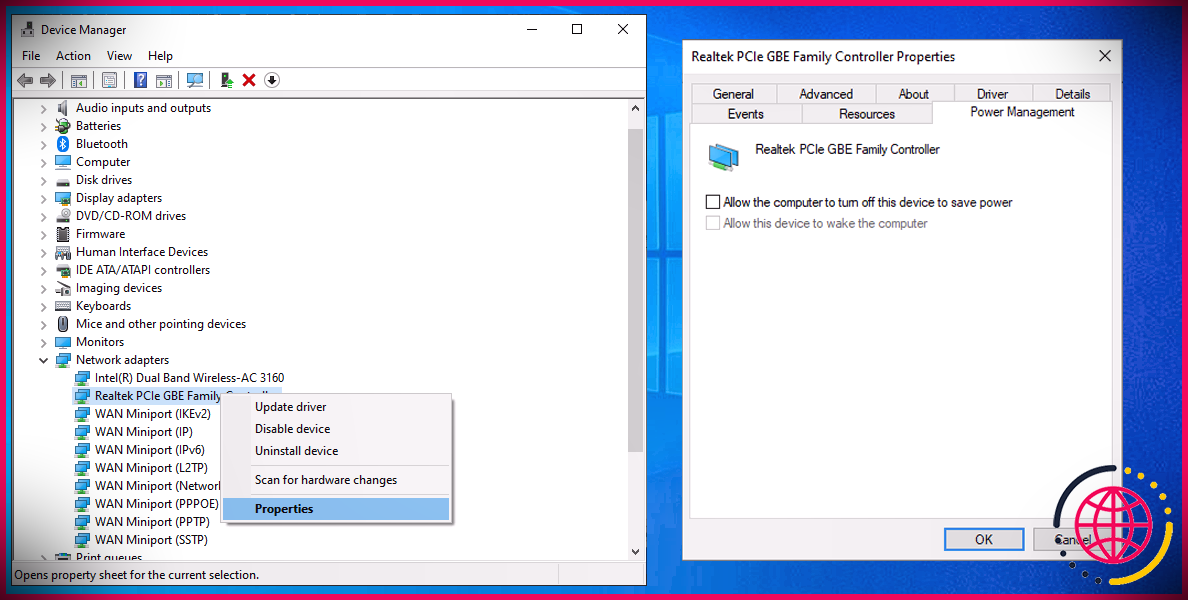 Paramètres de gestion de l'alimentation du pilote Ethernet dans Windows 10