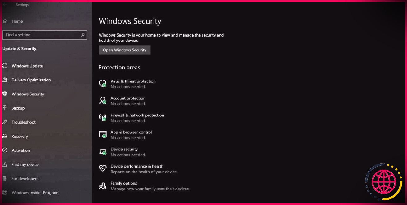 Paramètres de sécurité Windows