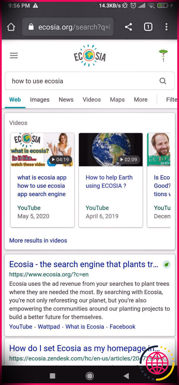 Recherche d'applications mobiles Ecosia