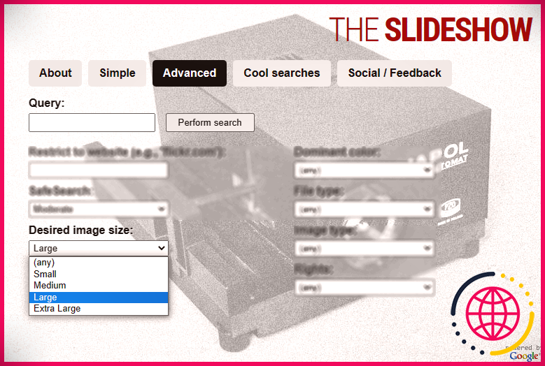 TheSlideShow sélectionner la taille d'image souhaitée