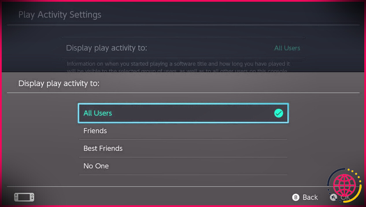 Capture d'écran de la sélection des personnes autorisées à voir votre activité Switch Play
