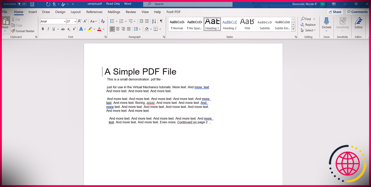 Capture d'écran de Microsoft Word modifiant un PDF