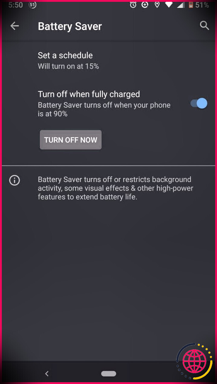 capture d'écran du menu de l'économiseur de batterie Android