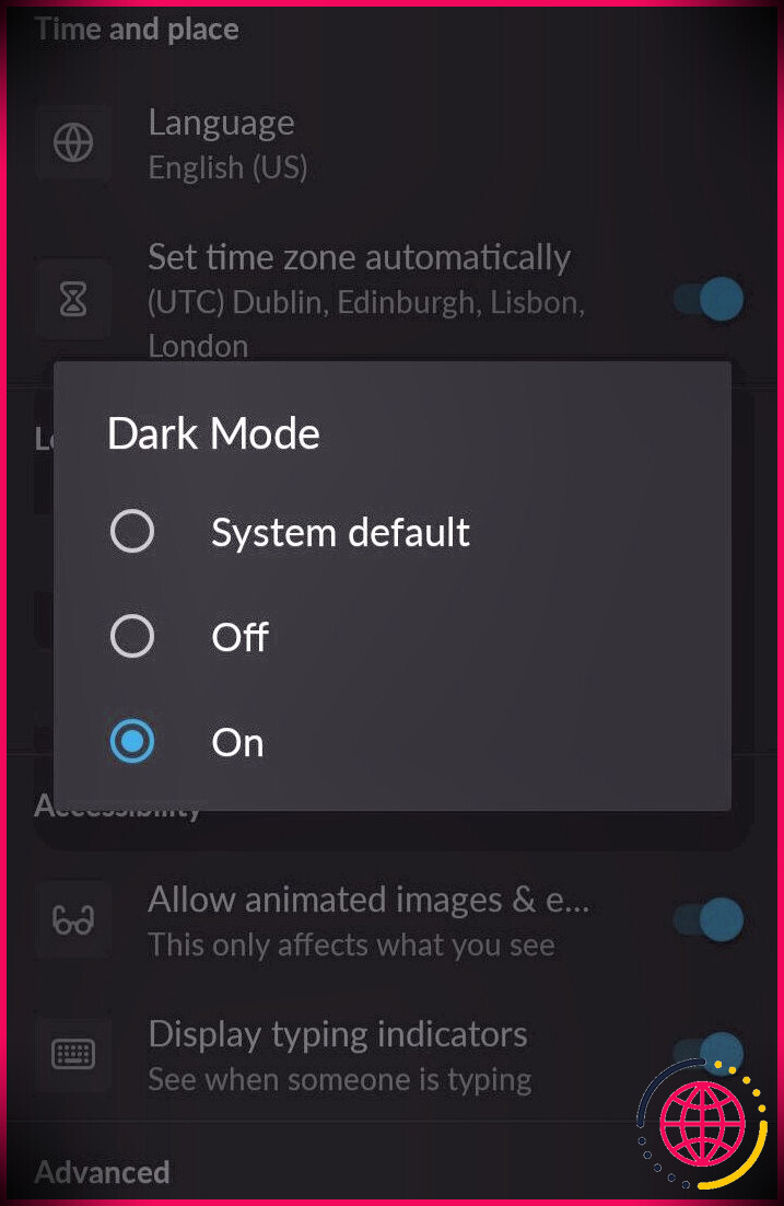 capture d'écran du mode sombre de l'application Slack
