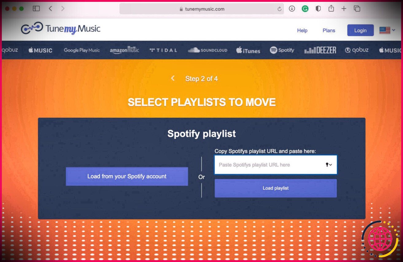 Charger la bibliothèque Spotify ou coller l'option URL dans TuneMyMusic