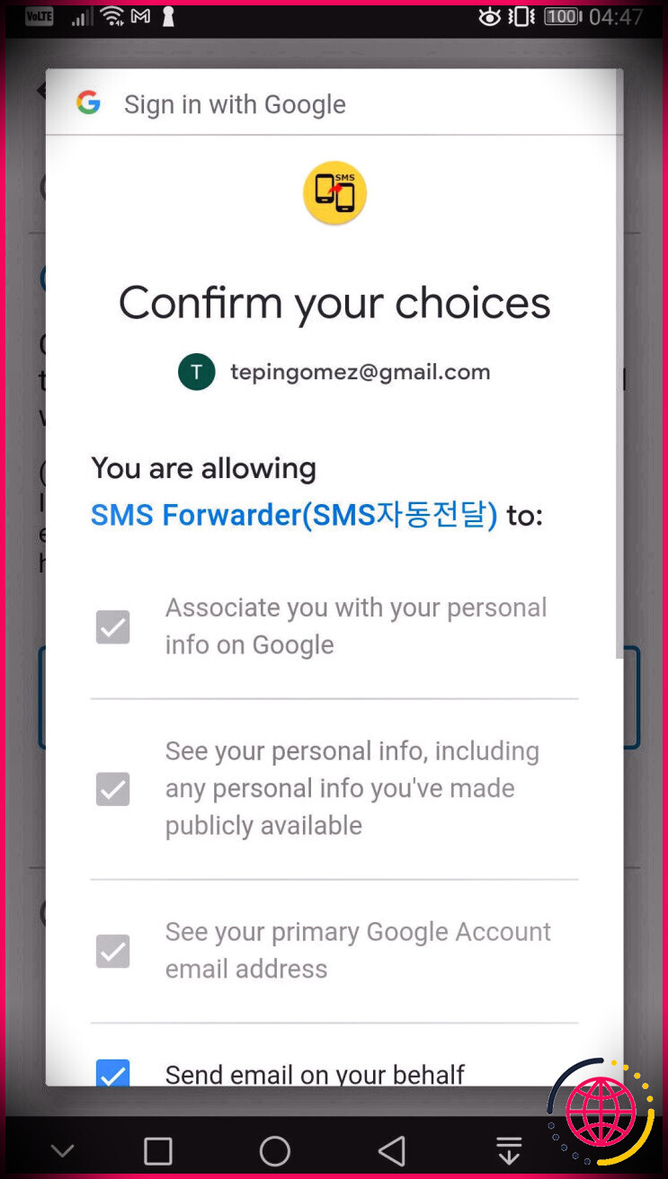 Confirmer les autorisations Gmail sur SMS Forwarder