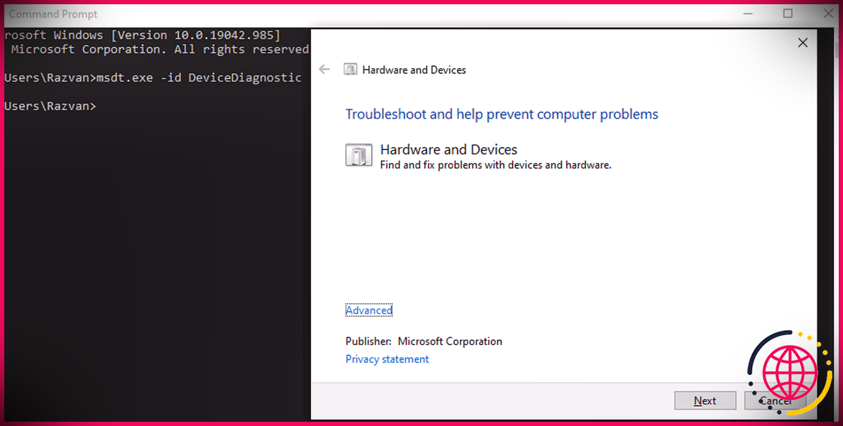 Dépanneur de matériel et de périphérique dans Windows 10