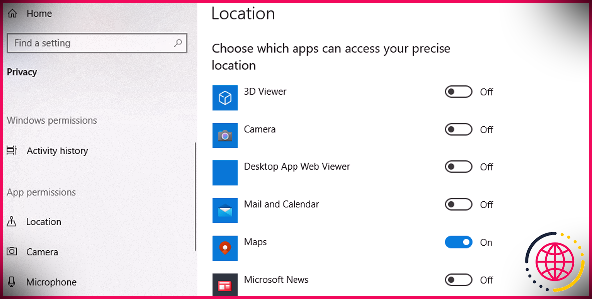 Liste des applications pouvant accéder à la localisation dans Windows 10