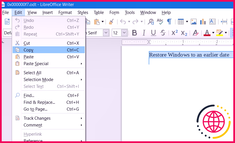 L'option Copier dans LibreOffice Writer