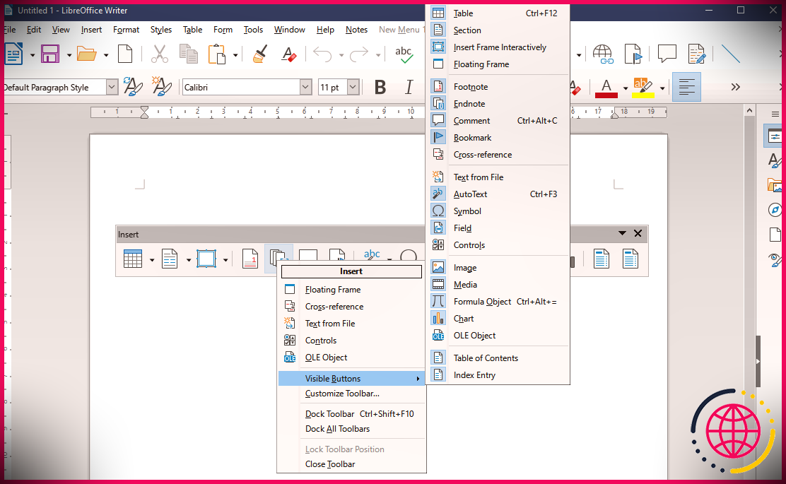 Menu de la barre d'outils de personnalisation rapide de LibreOffice