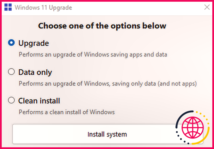 Options d'installation de Windows 11
