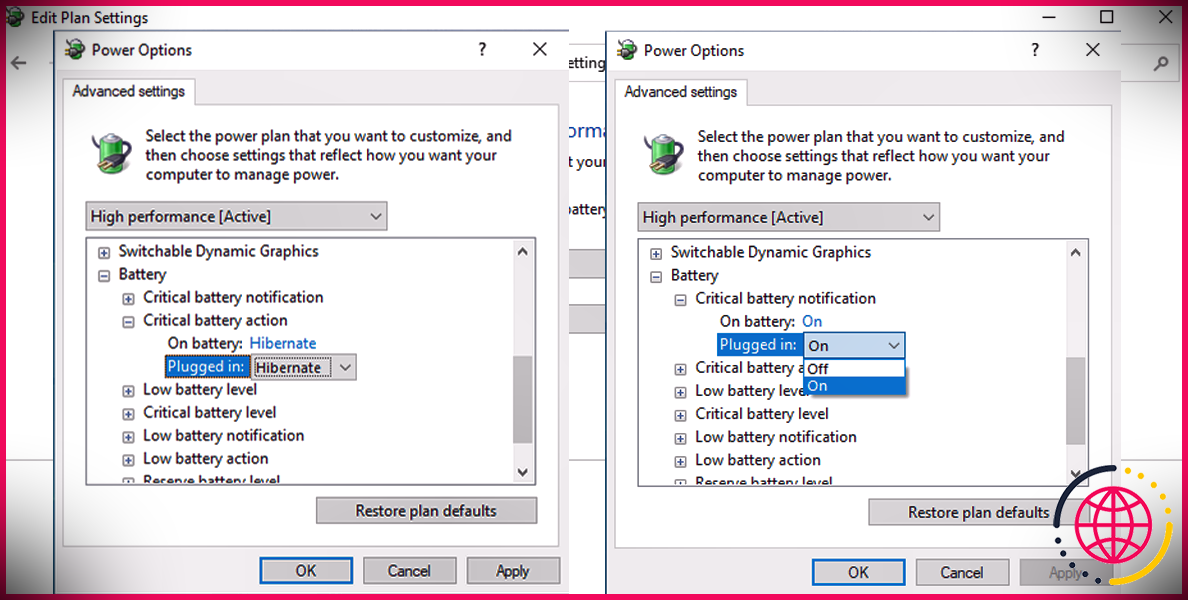 Paramètres critiques de la batterie dans Windows 10
